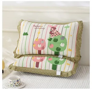 Kids cotton gauze pillowcase detail, soft breathable twin pillow set with cute apple graphic and ruffles.