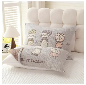 Soft gauze quilted pillowcase with cute cartoon cat pattern and best friend embroidery for home bedroom