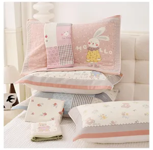 Cute cotton pillow towel detail, soft breathable fine yarn design, cozy bedroom scene.