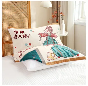 Cotton gauze pillow towel with cute cartoon print, breathable soft bedding cover for home bedroom use.