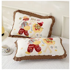 Cotton gauze pillowcase with lace border and lucky embroidery for home bedroom decor.