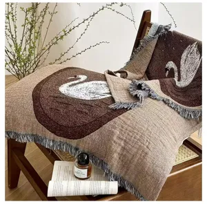 Woven swan pattern tassel pillow cover breathable gauze blanket for home bedroom decor use
