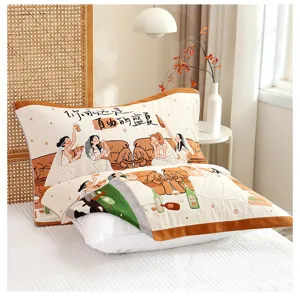 Detail view of gauze pillow towel with cartoon print, soft and comfortable for bedroom.