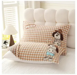 Soft cotton gauze pillow cover with cute cartoon dog print, breathable home bedding.
