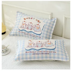 Detailed view of soft cotton gauze children pillowcase featuring cute cat embroidery design.