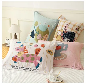 Close-up detail of pure cotton gauze pillowcase featuring cute cartoon prints in cozy bedroom.