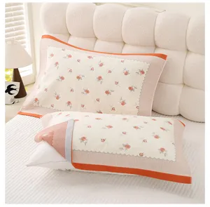 High density cotton floral pillow towel, soft breathable home bedding cover for all seasons.