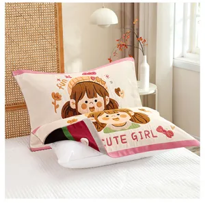Detail shot of soft cotton gauze pillow towel with cute cartoon girl print for bedroom bed use.