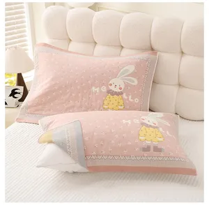 Cute pink rabbit cotton pillow towel, soft absorbent pillow cover for home bedroom use.