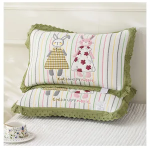 Kids cotton gauze pillowcase with cute rabbit embroidery and green lace border for bedding.