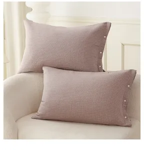 Cotton plaid pillowcase detail, soft gauze fabric with side snap button closure for home.