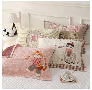 Cute cartoon cotton gauze pillowcase pair, soft breathable bedding cover towel for home dorm.