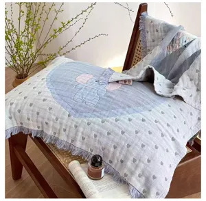 Cotton gauze pillow cover with fringe, breathable blue elephant pattern home bedroom decor