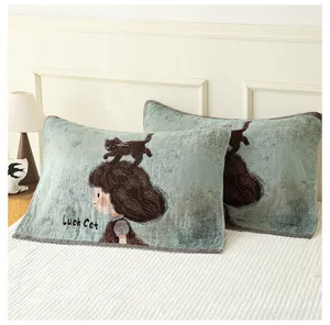 Pure cotton four-layer gauze pillow towel with cute cartoon cat design for home bedroom use.