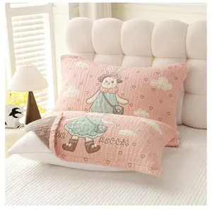 Soft gauze pink pillow cover detail, cute cartoon rabbit pattern design for cozy bedroom decor.