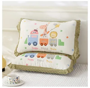 Children cotton gauze lace pillowcase, soft breathable pillow cover with cute cartoon embroidery design.