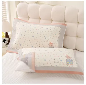 Soft cotton pillow towel with cute bear and star pattern, breathable home bedding detail.