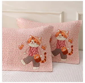 Cute cartoon cotton gauze pillowcases pair, soft pink pillow covers for home bedroom use.