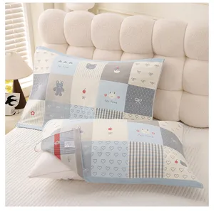 Soft cotton patchwork pillow cover for kids, cute bear and heart print design, cozy home bedding.