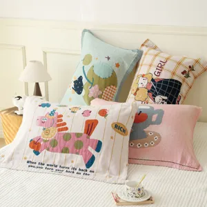 Pure Cotton Four Layer Gauze Pillow Towel Cartoon Cute Print Breathable Home Bedding Pillow Protector Cover