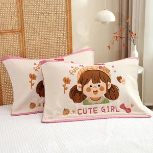 Soft cotton gauze pillow cover with cute cartoon girl embroidery for home bedroom use.