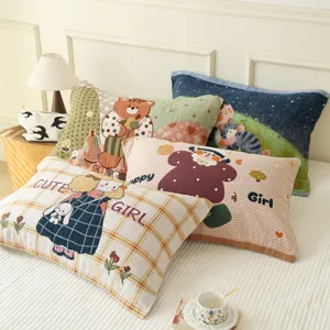 Pure cotton four-layer gauze pillow towel, cute cartoon print bedding for student dorm.