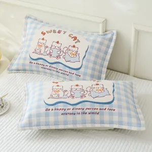 Blue and white checkered cotton pillowcase with cute cat embroidery for dorm rooms.