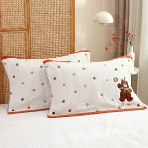 Cotton gauze pillow covers with cute cartoon bear embroidery and polka dots for bedroom.