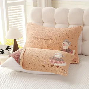 Soft cotton gauze pillow cover with cute cartoon duck embroidery, comfortable for all seasons home use.