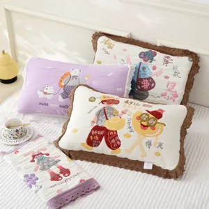 Cute cartoon embroidered cotton children pillowcase with lace breathable soft household