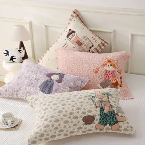 Soft Cotton Gauze Pillow Towel Cute Cartoon Embroidered Pillowcase Breathable Home Bedding Pillow Cover For Couple