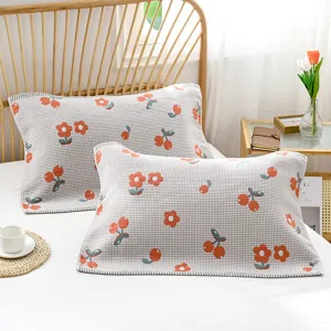 Cotton pillow towel set with floral cherry prints, breathable waffle fabric for bedroom decor.