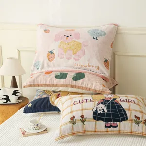 Pure cotton four layer gauze pillowcase cute cartoon printed soft pillow cover for home