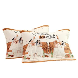 Soft gauze pillow towel breathable cartoon print comfortable household pillow cover for all seasons