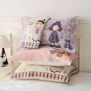 Cute cartoon soft gauze pillowcases for adults and couples, breathable cotton home bedding set.