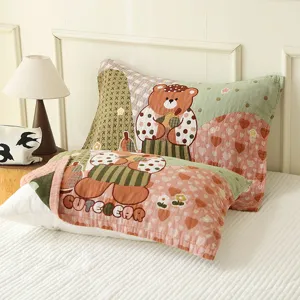 Soft cotton gauze pillow towel with cute cartoon bear pattern, breathable home bedding