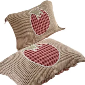 Corduroy decorative pillow cover with red fruit patch and tassels for cozy home living room decor