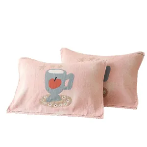 Pure cotton four-layer gauze pillow towel cute cartoon apple cup pattern soft home bedding