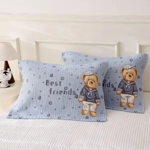 Cotton gauze pillow cover with cute sailor bear design, soft couple cartoon bedding pillowcase.