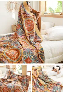5-layer cotton gauze summer blanket with bohemian mandala print, breathable soft quilt for bed.