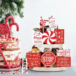 Christmas wooden tiered tray decoration set with candy signs for holiday home display.