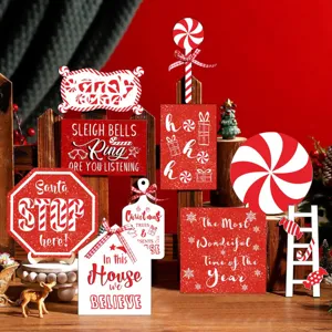 Christmas Tiered Tray Wooden Decor Red White Candy Signs Holiday Home Table Display Set