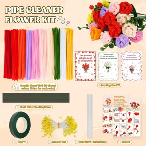 Kit fai da te completo di fiori con ciniglia colorata, fili, nastro e simpatici biglietti.