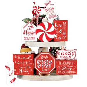 Christmas tiered tray decor red white wooden signs holiday farmhouse table decorations