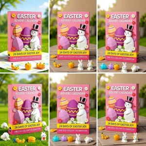 Nahaufnahme Details der Oster-Adventskalender-Box mit süßen Hasenfiguren und Ostereiern.