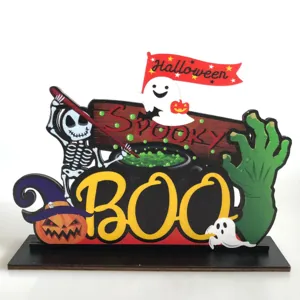 Halloween decorazione da tavola in legno cartello fantasma scheletro zucca spaventoso BOO.