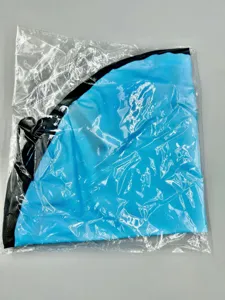 Waterproof outdoor toy storage bag detail, portable folding beach mat in blue and black color.