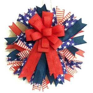 Independence Day wreath patriotic front door hanging decoration with red white blue bow stars.