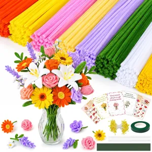 Kit artigianale per bouquet di fiori scovolino fai da te con steli colorati e fiori.