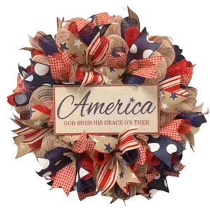 American Independence Day mesh wreath door hanging decor with patriotic bows and wood sign.